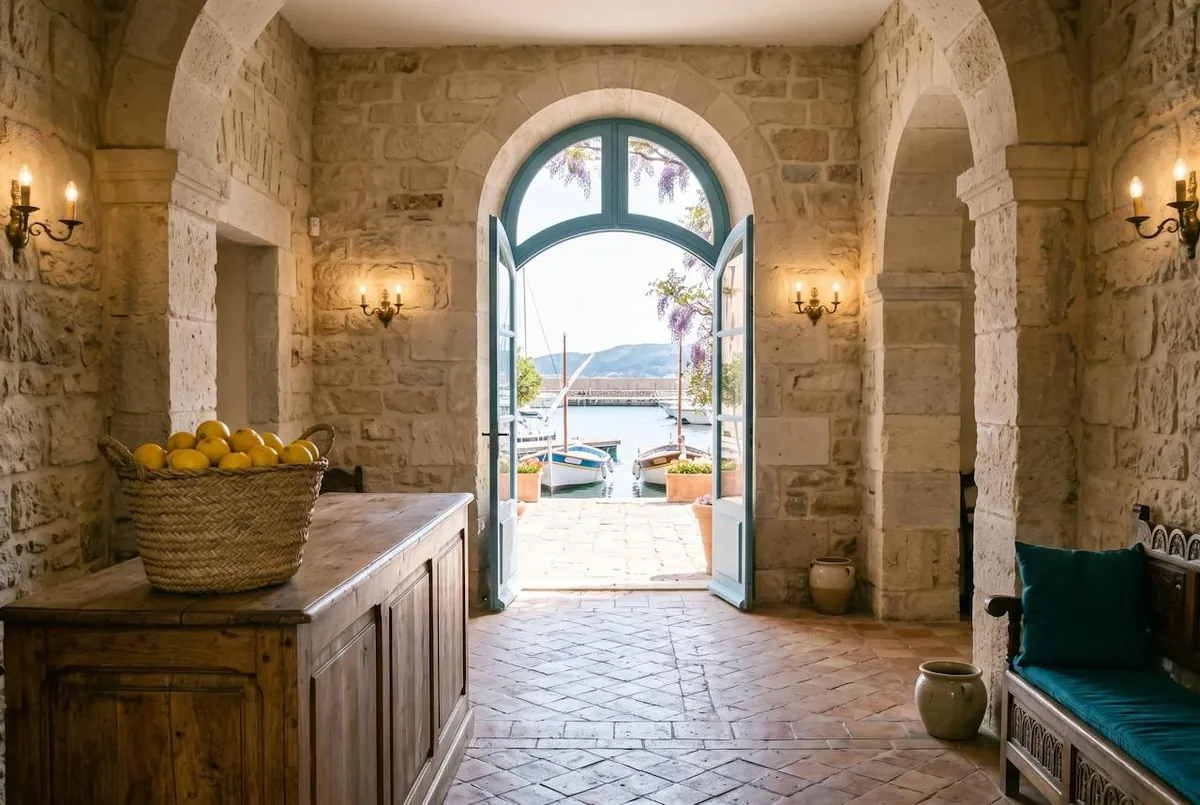 l'entrée de l'hôtel, ouverte sur le port
