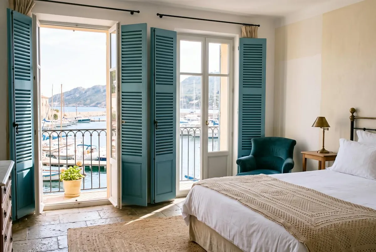 Chambre Quai — la chambre Quai, ses volets ouverts sur le port