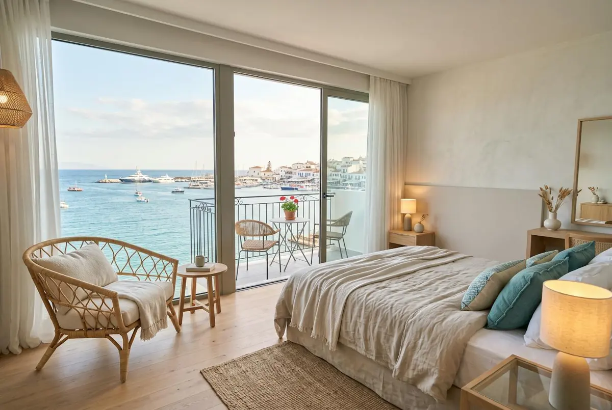 Chambre Large — la chambre Large et sa baie vitrée sur la mer