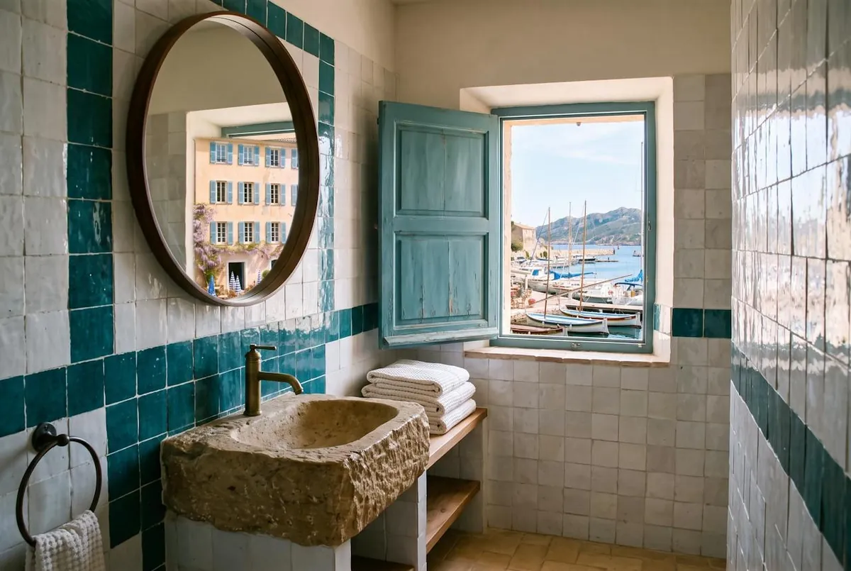 la salle de bain, carreaux bleu mer et vasque en pierre